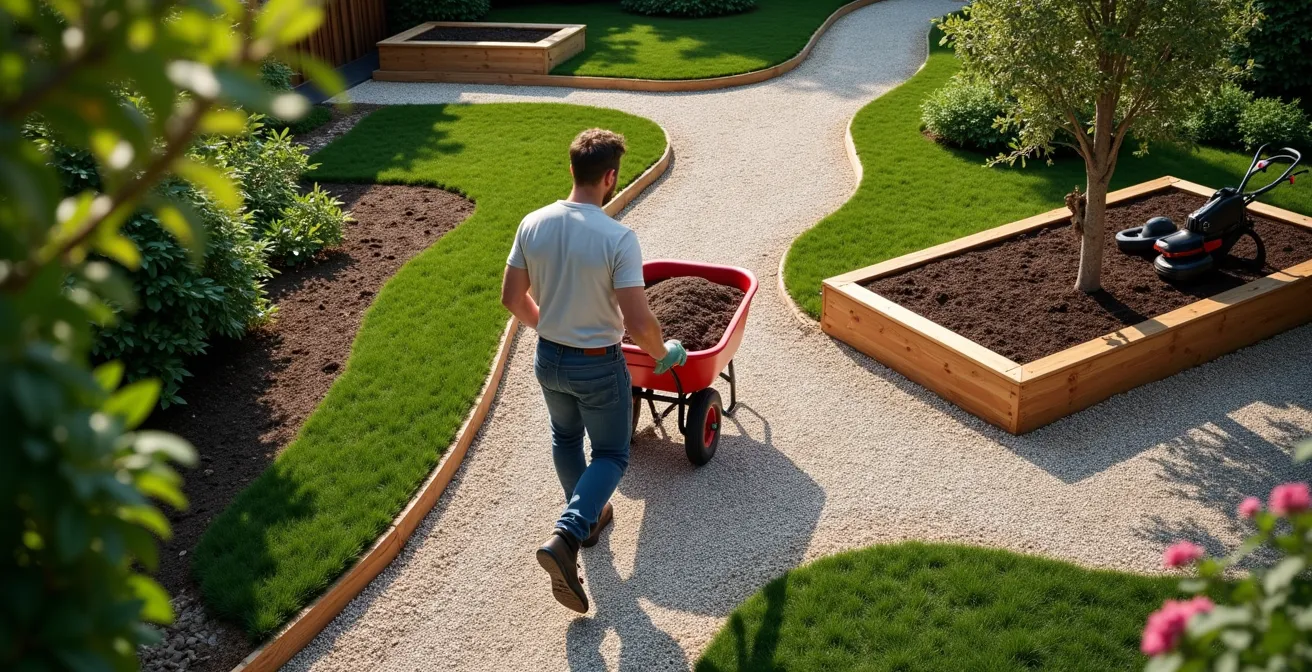 Vue de dessus montrant des allées de potager avec différentes largeurs et équipements de jardinage pour comparaison