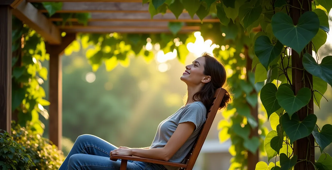 Aristoloche grimpante créant une canopée naturelle sur pergola en bois