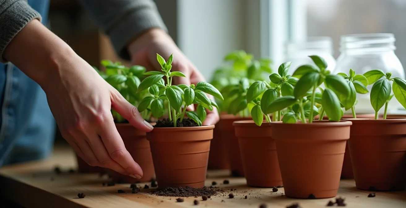 Basilic divisé et repiqué dans plusieurs petits pots sur un rebord de fenêtre ensoleillé