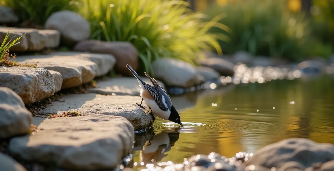 Aménagement naturel des berges d'un bassin avec pierres locales pour accès de la faune