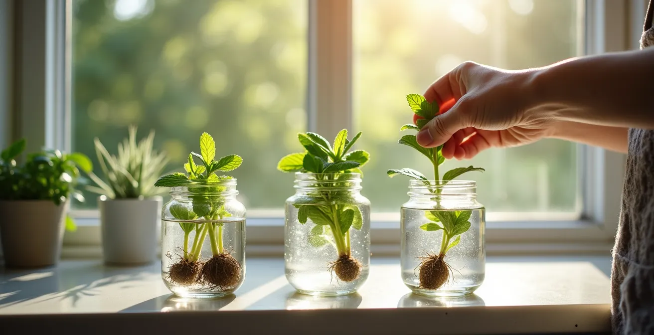 Boutures de menthe développant leurs racines dans des verres d'eau transparents sur un rebord de fenêtre