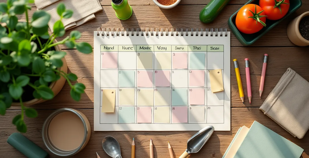 Vue aérienne d'un bureau avec calendrier de jardinage manuscrit, sachets de semences et outils de planification