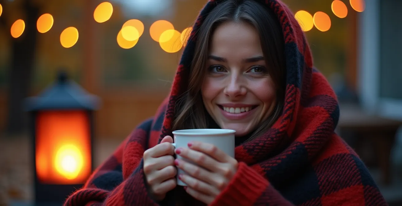 Système de chauffage infrarouge intégré sur patio québécois en soirée d'automne