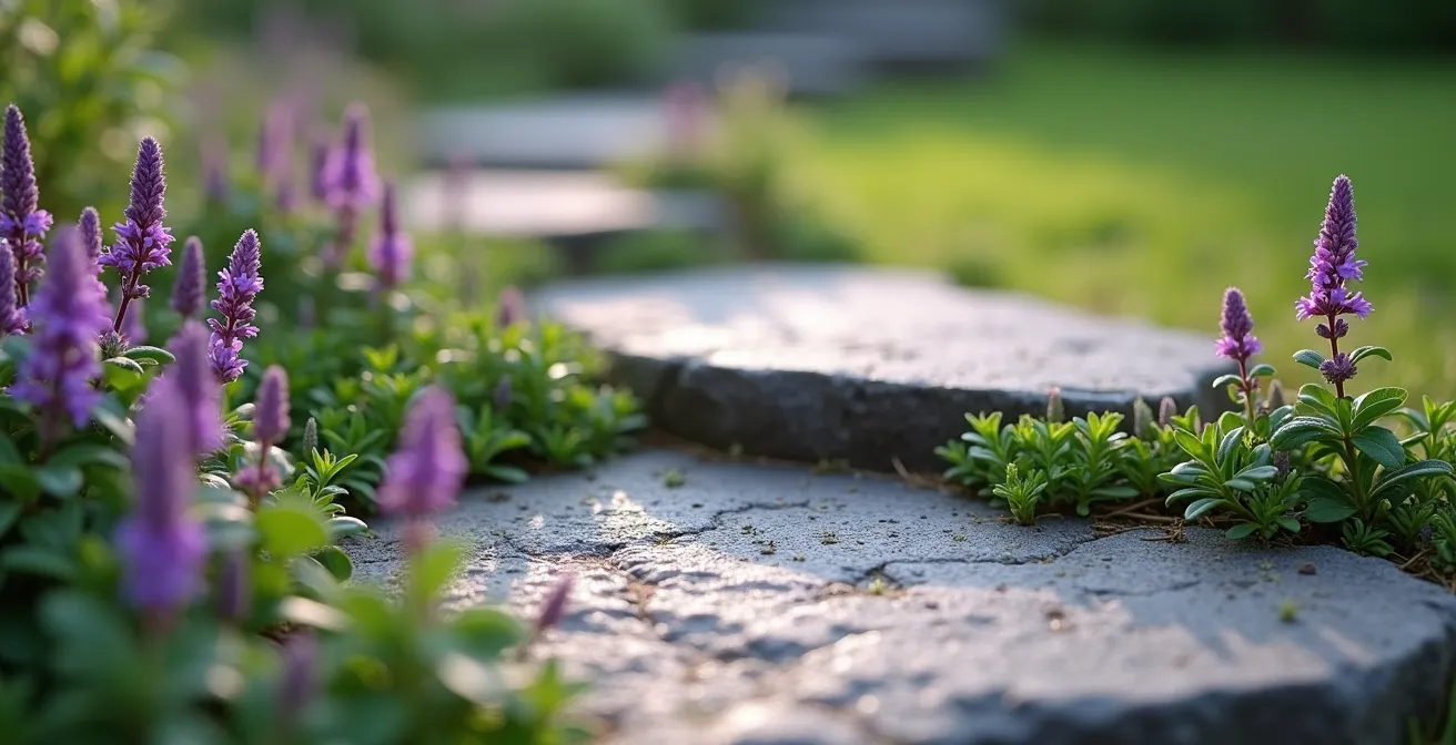 Allée en dalles de granit local espacées avec couvre-sol rampant créant un design contemporain