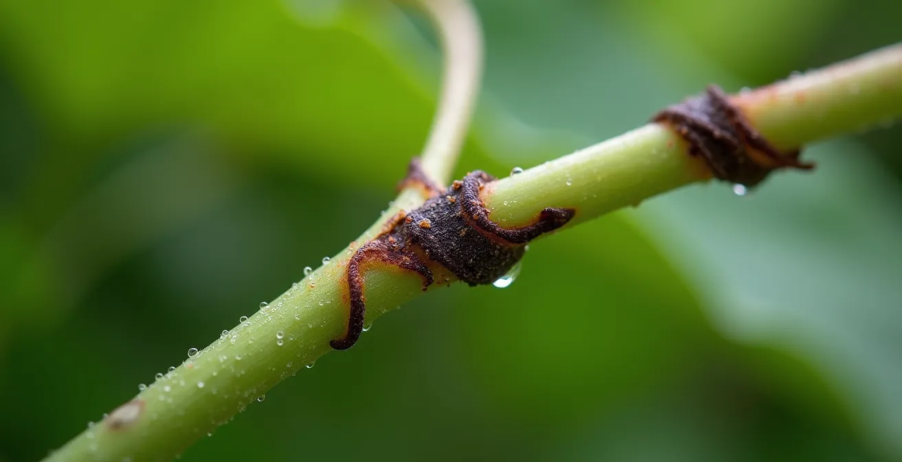 Gros plan sur une tige de clématite montrant les symptômes du flétrissement