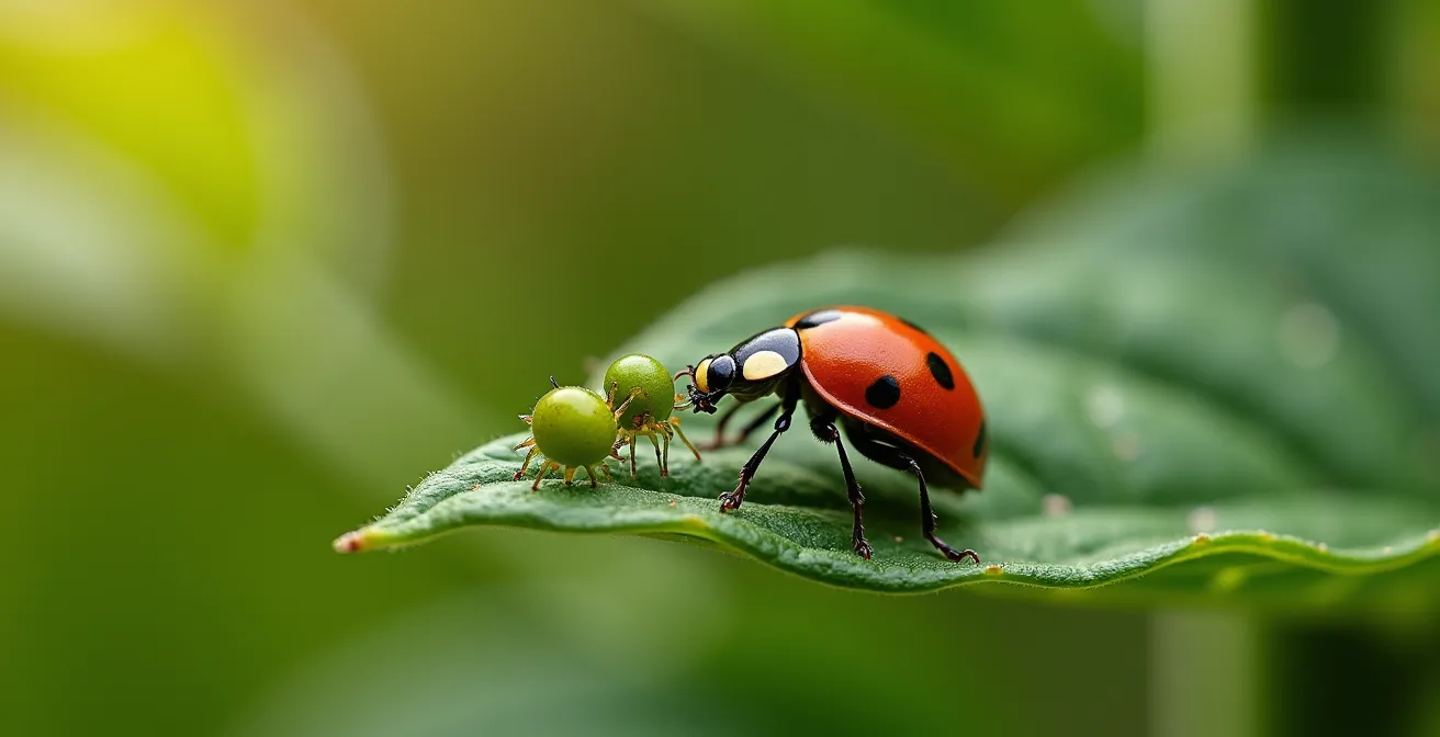 Coccinelle chassant des pucerons sur une feuille de tomate