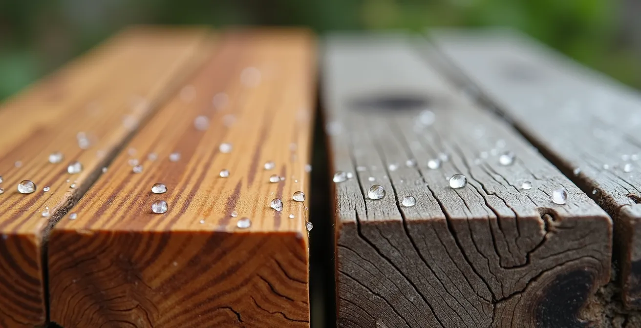 Gros plan comparatif montrant deux planches de teck côte à côte, une huilée dorée et l'autre avec patine grise naturelle