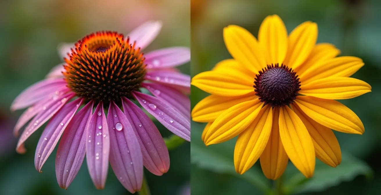 Gros plan sur des fleurs d'échinacées Magnus et de rudbeckies Goldsturm côte à côte en pleine floraison