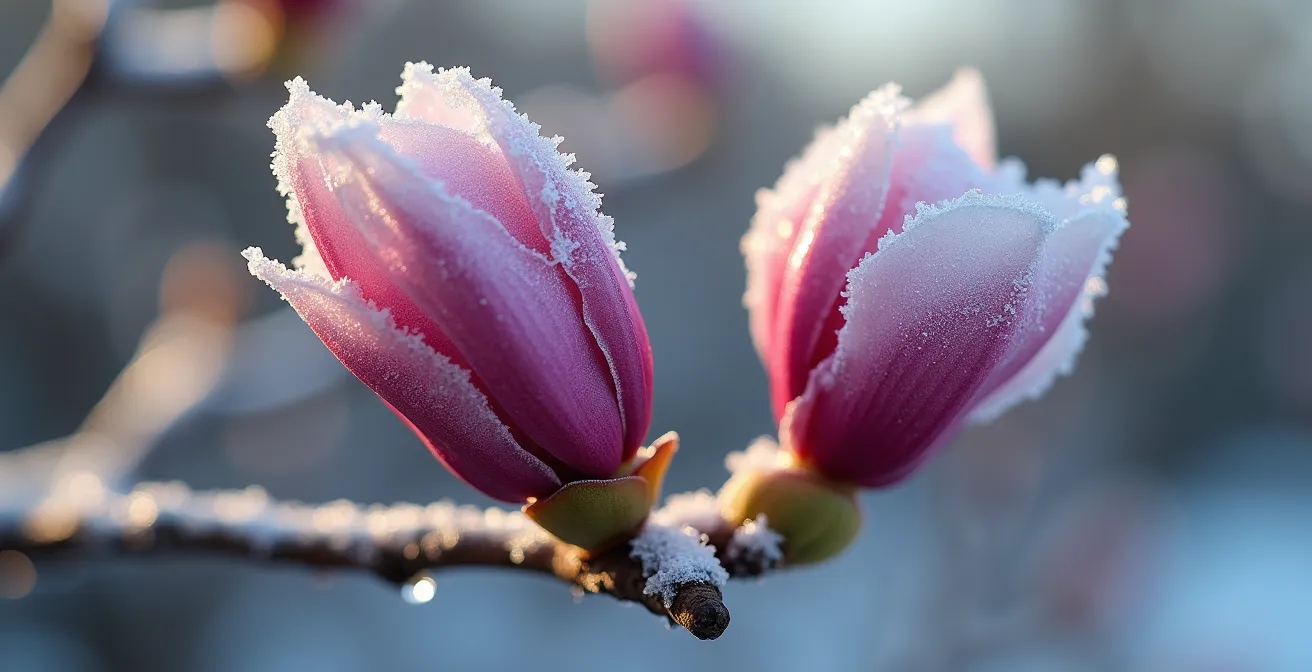 Gros plan sur des bourgeons de magnolia givrés en hiver montrant les dommages du gel