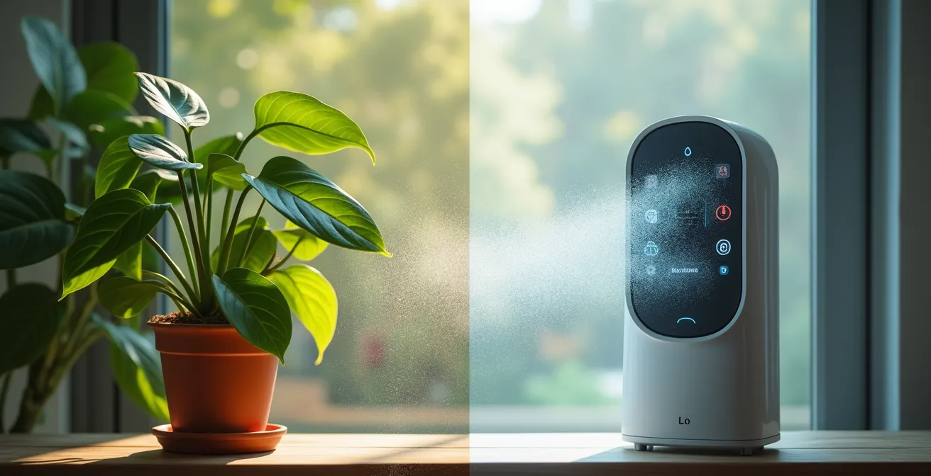 Composition comparative montrant une plante verte et un purificateur d'air moderne côte à côte