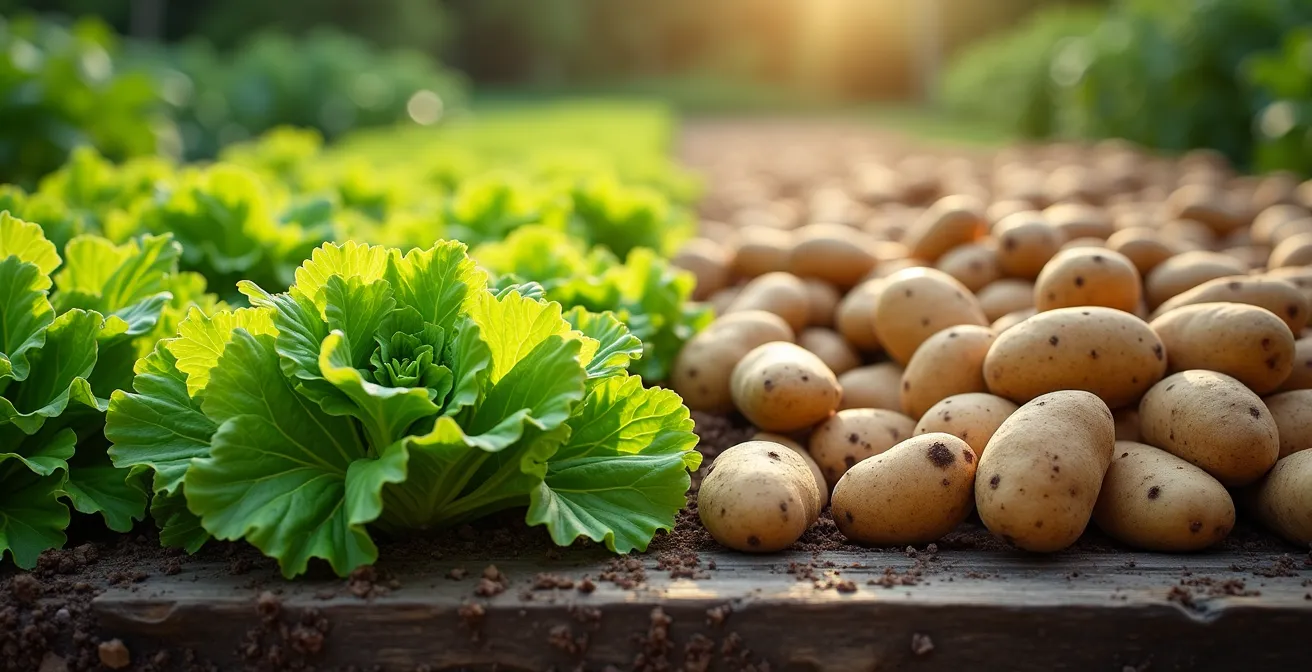 Comparaison visuelle entre un rang de laitues feuillues luxuriantes et des plants de pommes de terre en pleine croissance dans des bacs surélevés