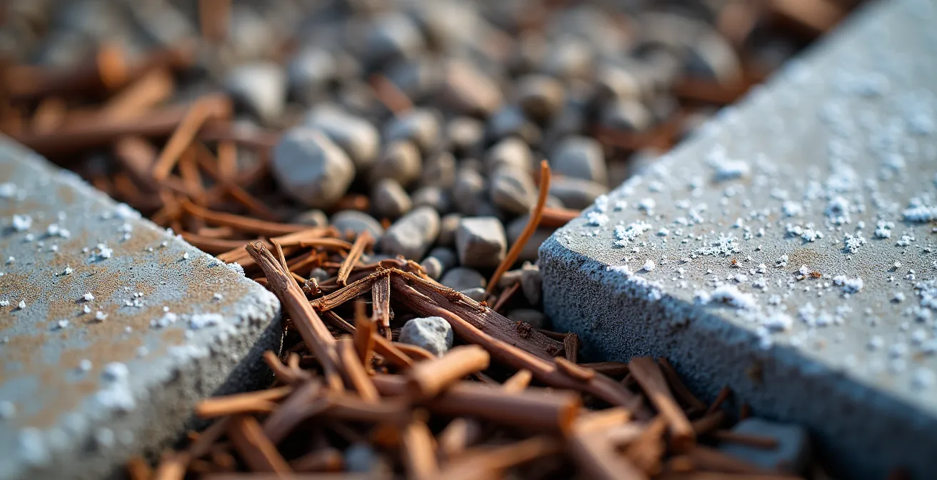 Trois sections d'allées de potager montrant différents revêtements : paillis de cèdre, gravier et dalles de béton