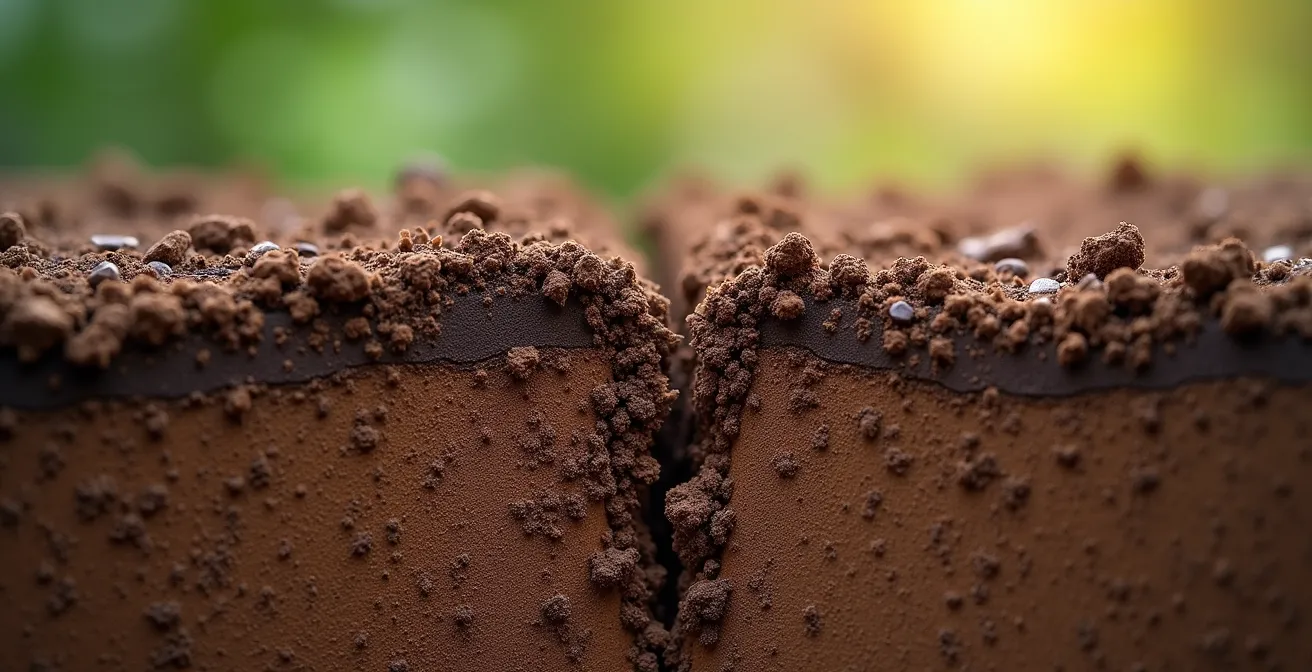 Coupe transversale du sol montrant les différences de structure entre un sol travaillé à la grelinette et au motoculteur