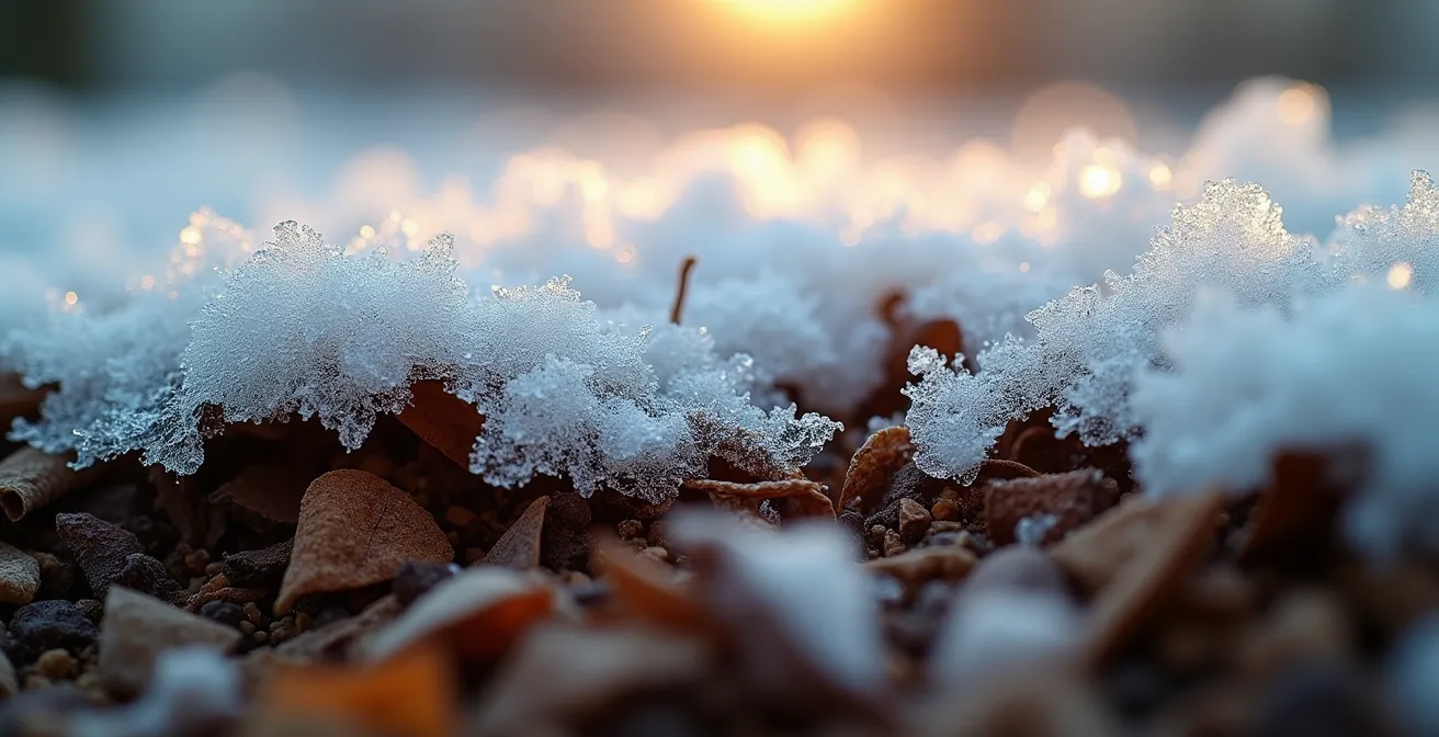 Composteur en plastique noir recouvert de neige agissant comme isolant naturel dans un jardin québécois