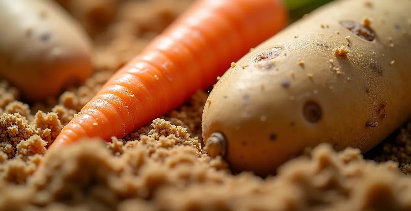 Intérieur d'un caveau de conservation avec légumes-racines stockés dans du sable et de la tourbe