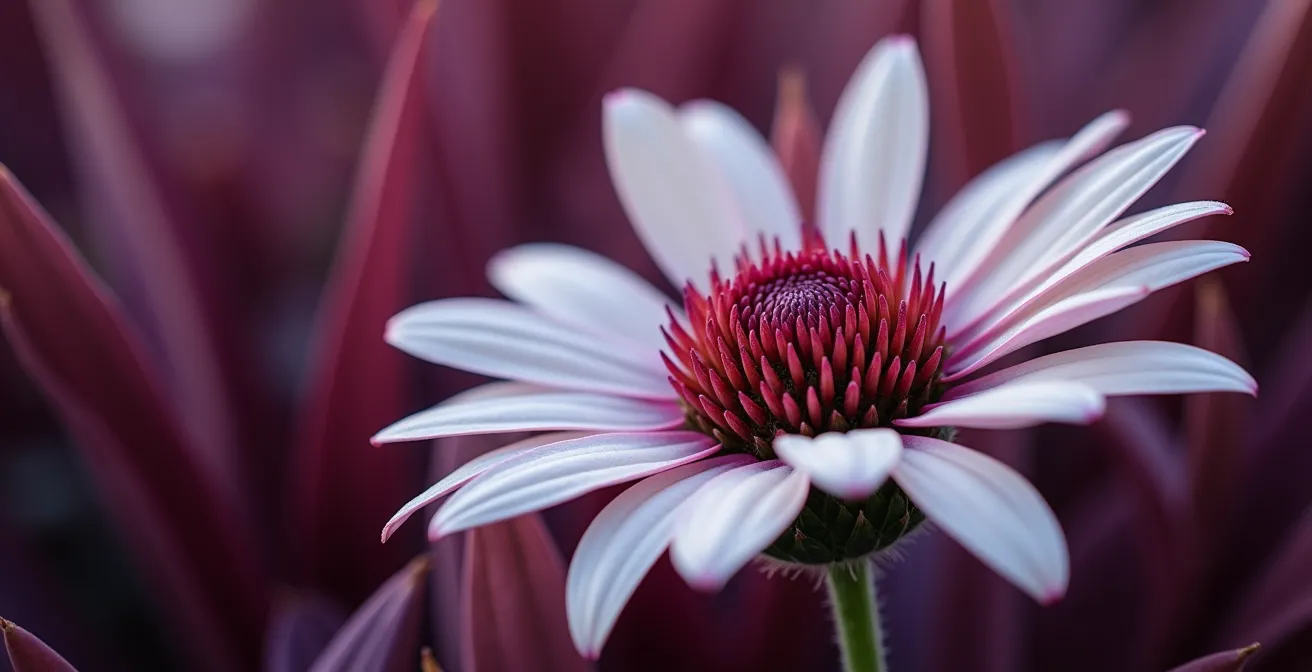 Gros plan sur l'association d'un feuillage pourpre de Physocarpus avec des fleurs blanches d'échinacée