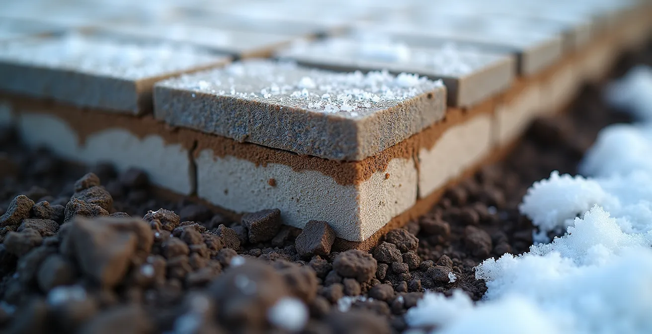 Coupe transversale montrant les couches de drainage sous une installation de pierre naturelle au Québec