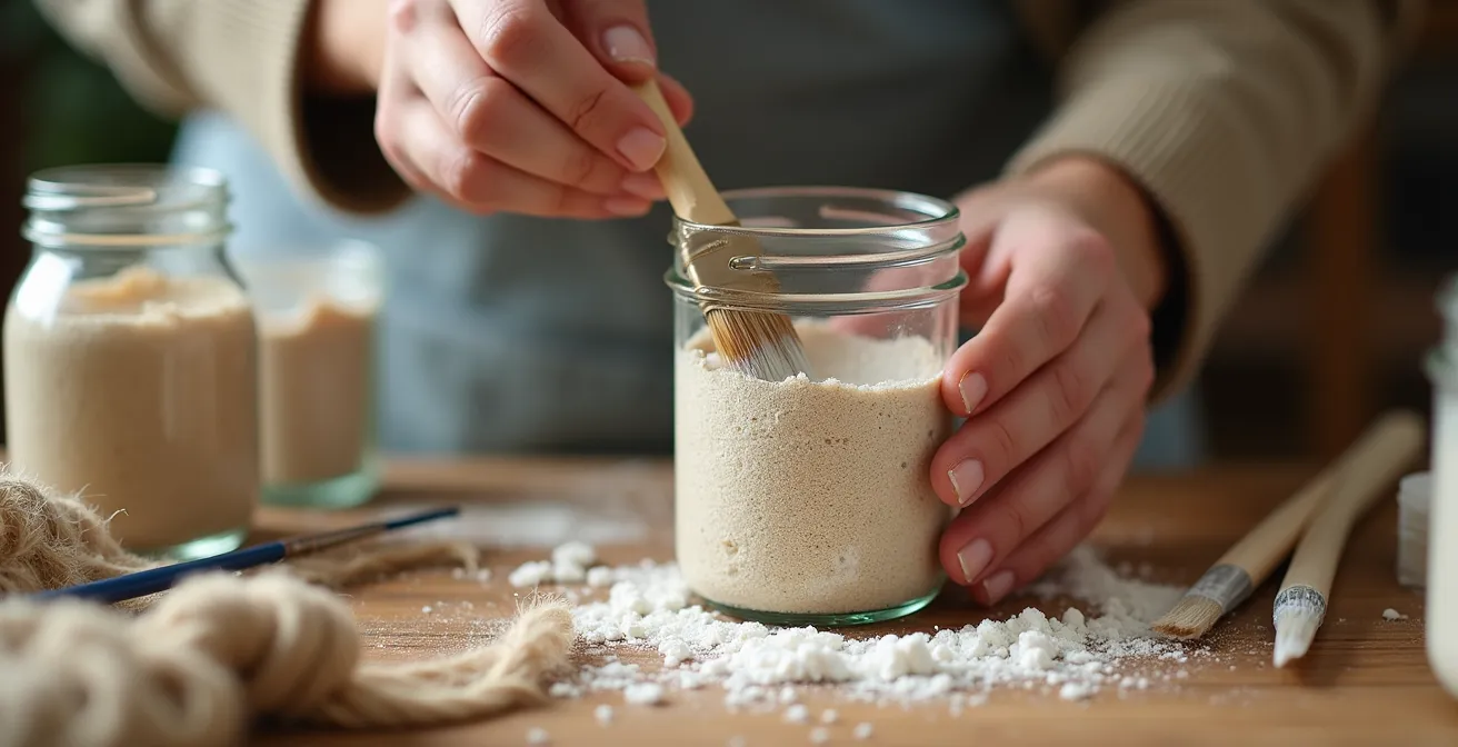 Transformation DIY d'un objet du quotidien en cache-pot décoratif, montrant des mains appliquant une peinture texturée.