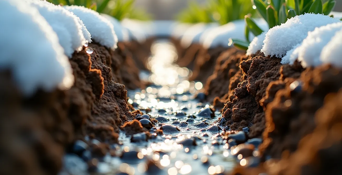 Système de drainage printanier avec rigoles et plates-bandes surélevées pendant la fonte des neiges au Québec