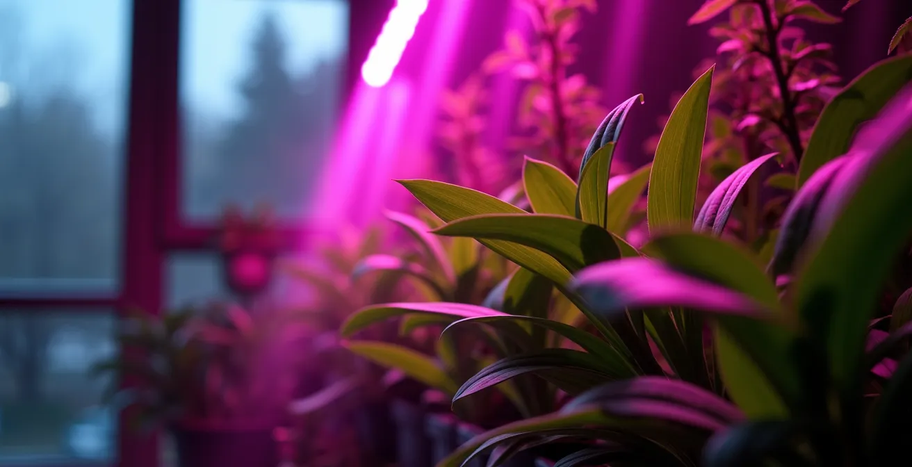 Système d'éclairage LED horticole illuminant un mur végétal en hiver