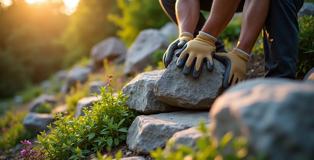 Enrochement naturel avec plantes indigènes du Québec intégrées entre les roches