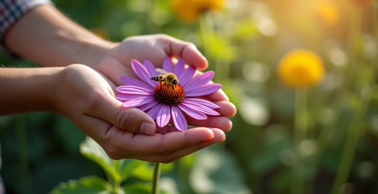 Jardin avec fleurs indigènes du Québec attirant abeilles et papillons près de plants de concombres