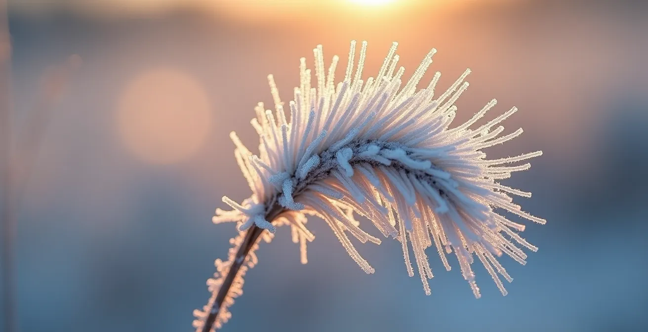 Inflorescences de miscanthus couvertes de givre scintillant dans la lumière dorée du matin d'hiver québécois