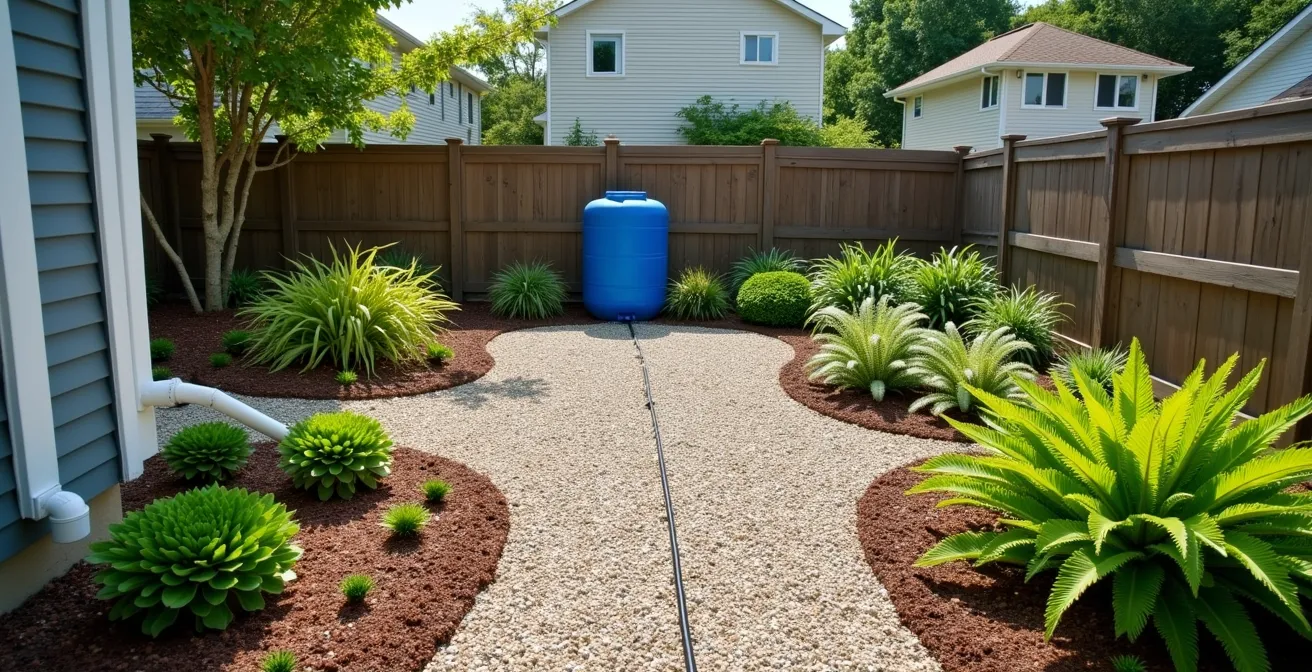Vue aérienne d'un jardin divisé en hydrozones avec système d'irrigation goutte-à-goutte et baril récupérateur d'eau