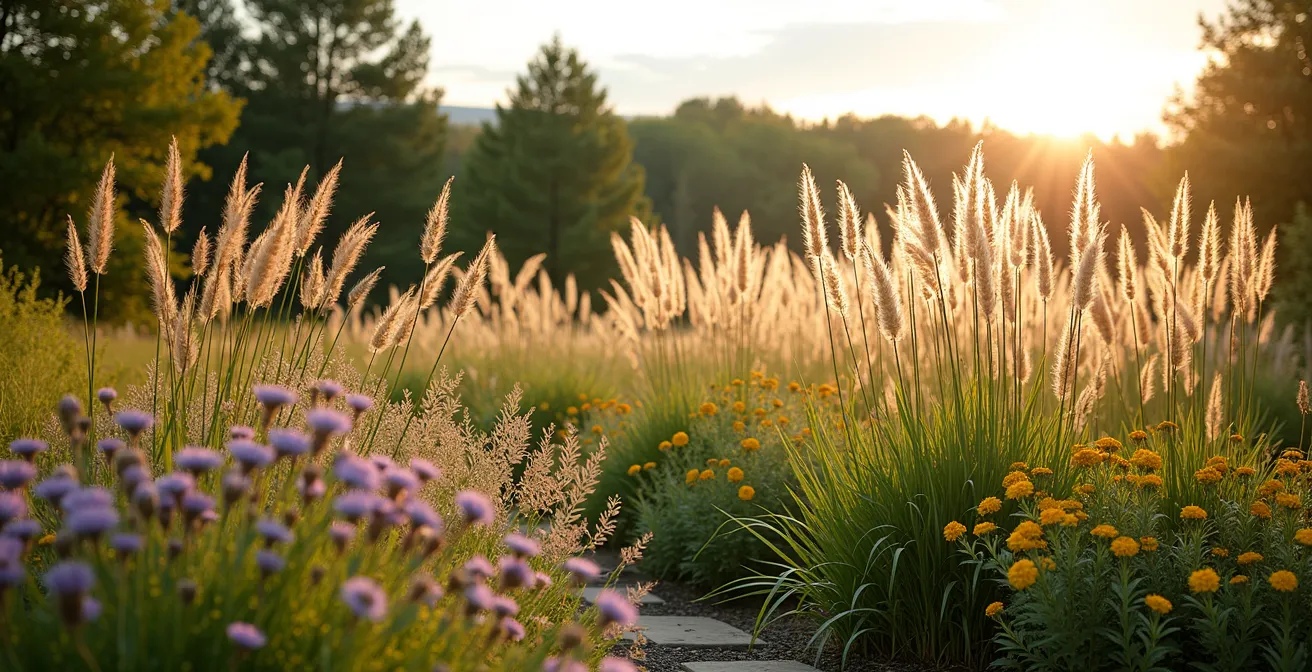 Jardin d'août avec graminées ornementales créant une structure visuelle forte