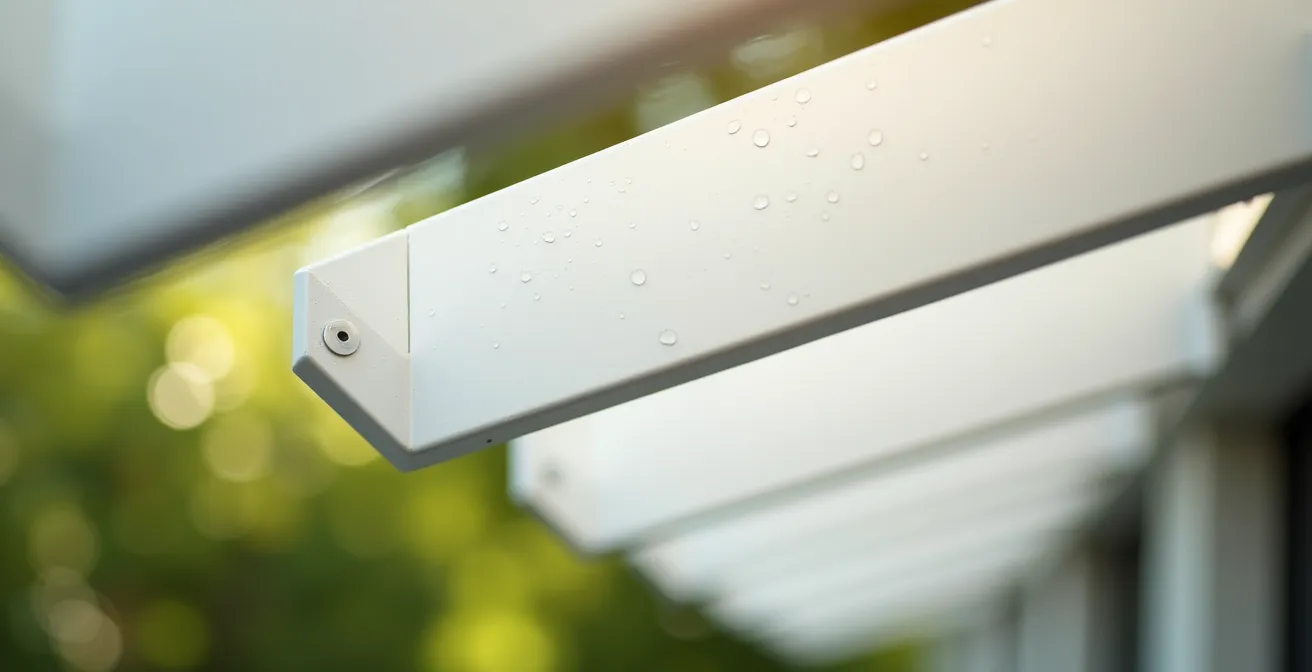 Gros plan sur lames orientables en aluminium blanc avec reflets lumineux