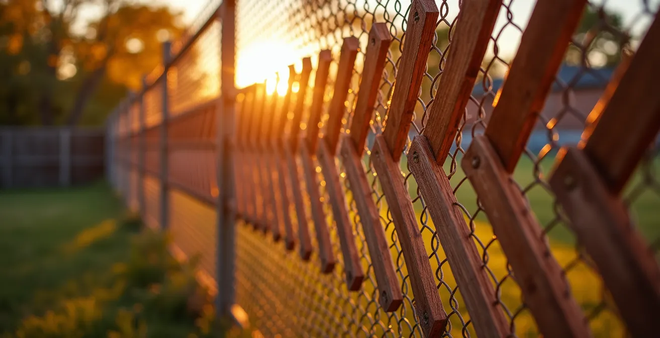 Clôture maillée transformée avec lattes de bois tissées créant un motif chevron élégant