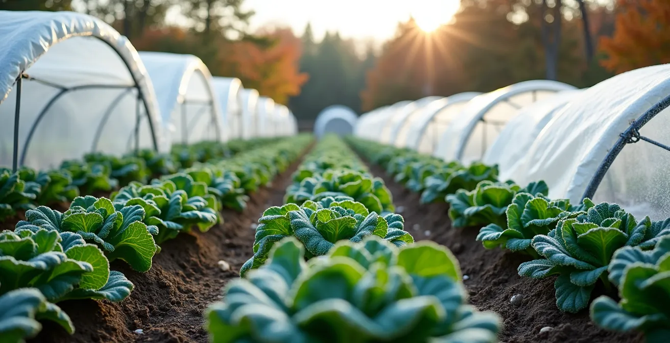 Rangées de légumes verts d'automne sous tunnels de protection avec arceaux et bâche flottante dans un jardin québécois