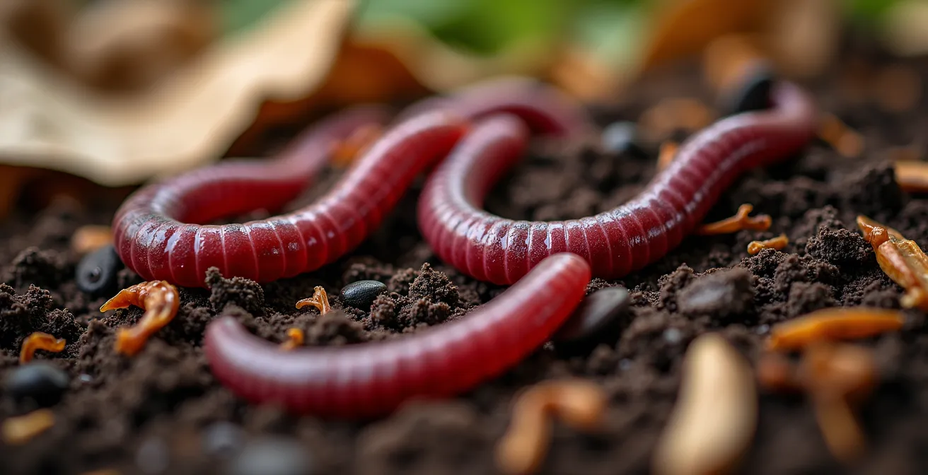 Système de lombricompostage intérieur avec vers rouges et matières organiques en décomposition