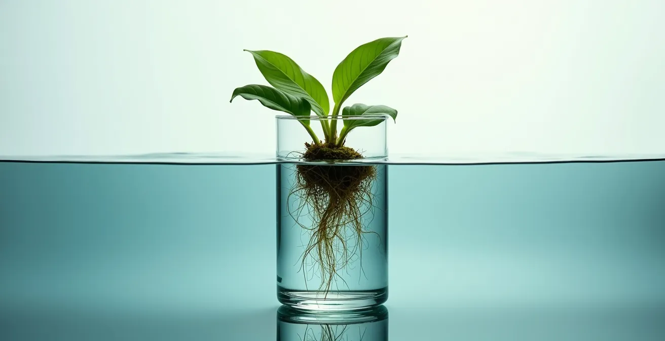 Vue en coupe d'un pot d'hydroculture montrant le niveau d'eau optimal au tiers inférieur