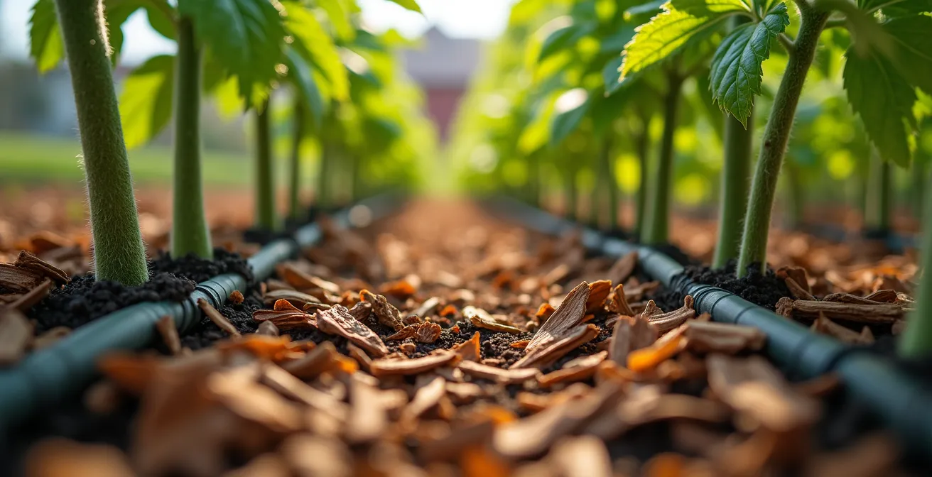 Gros plan sur un paillis de bois raméal fragmenté épais autour de plants de tomates avec système d'irrigation goutte-à-goutte