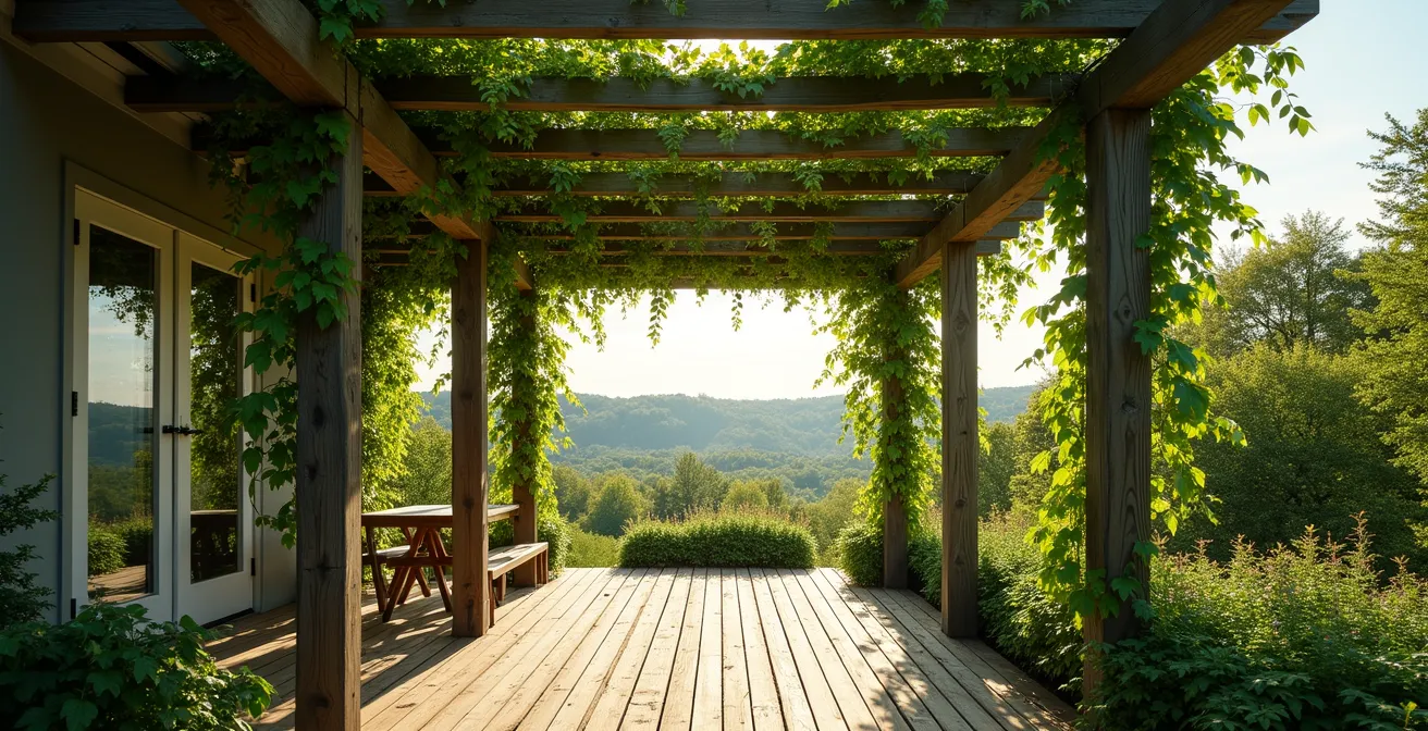Pergola couverte de plantes grimpantes créant une ombre naturelle