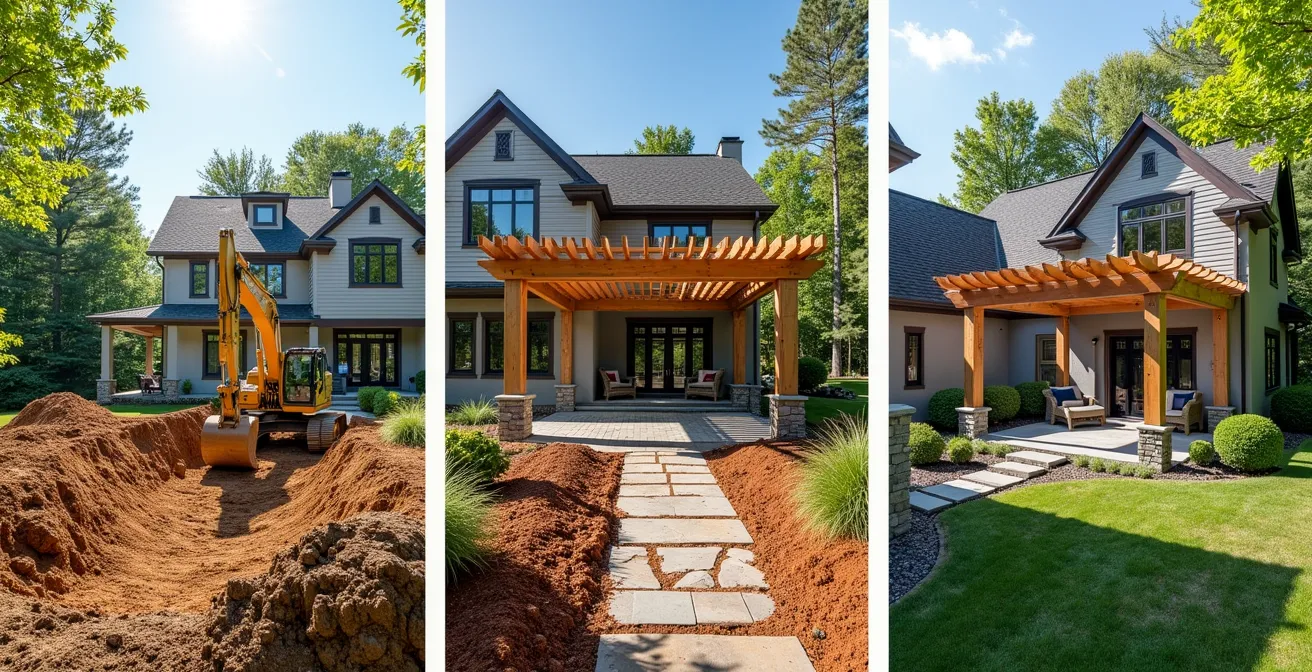 Vue en perspective d'un terrain résidentiel montrant les trois phases d'aménagement avec codes couleur pour chaque année de travaux.