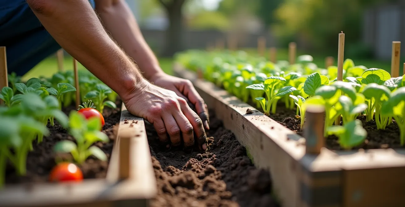 Deux bacs surélevés en bois vus de trois quarts avec différents légumes et système de rotation visible