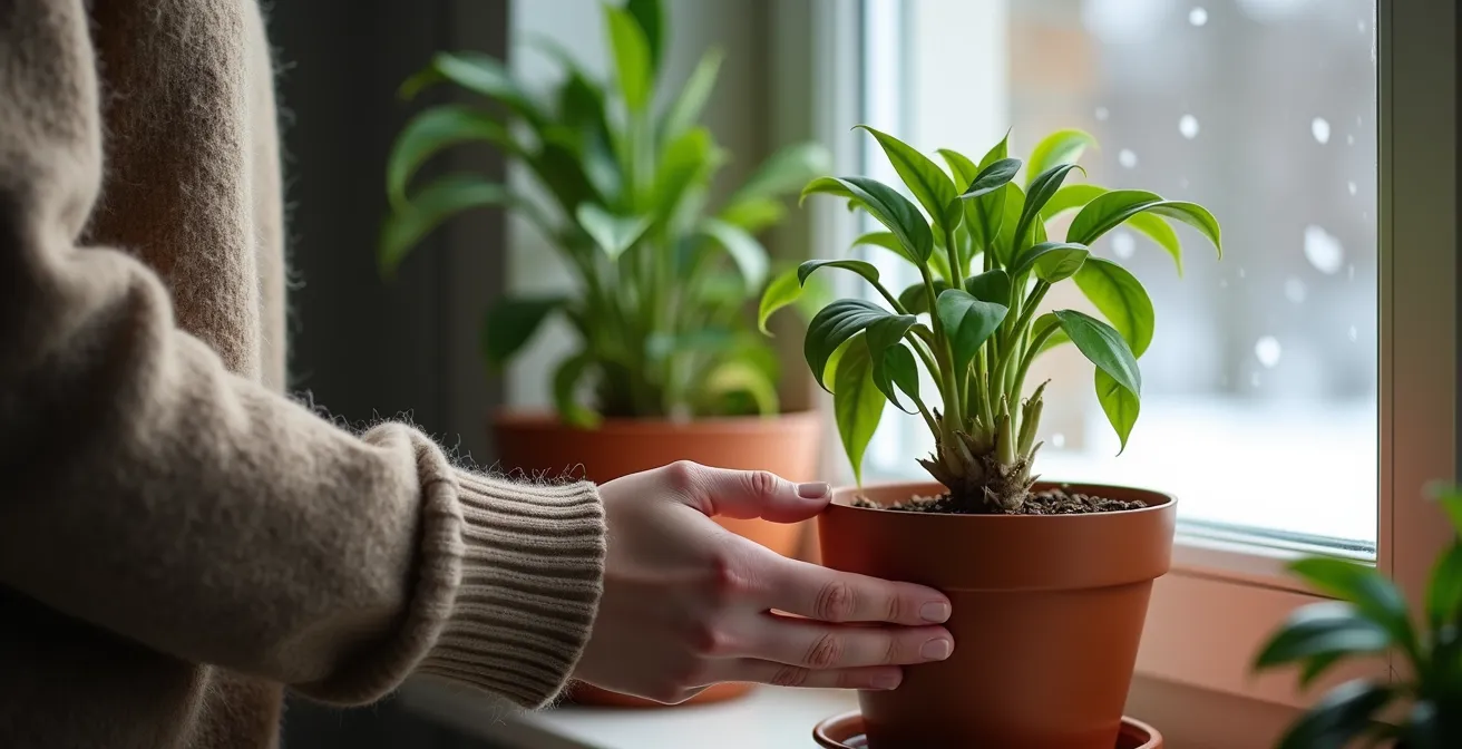 Zamioculcas déplacé près d'une fenêtre orientée nord pour sa cure de lumière mensuelle dans un intérieur québécois