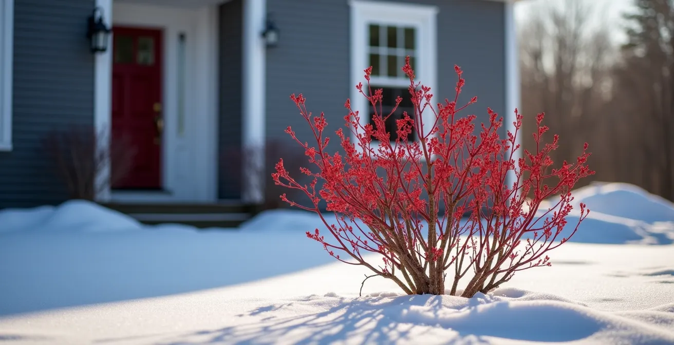 Cornouiller à bois rouge créant un point focal devant une entrée de maison québécoise en hiver