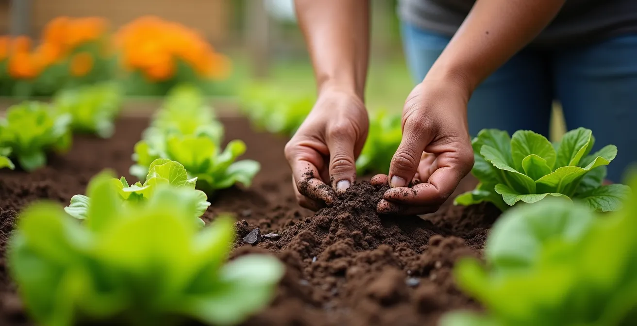 Vue aérienne d'un potager en carré avec capucines orange, tagètes jaunes entre rangées de légumes verts