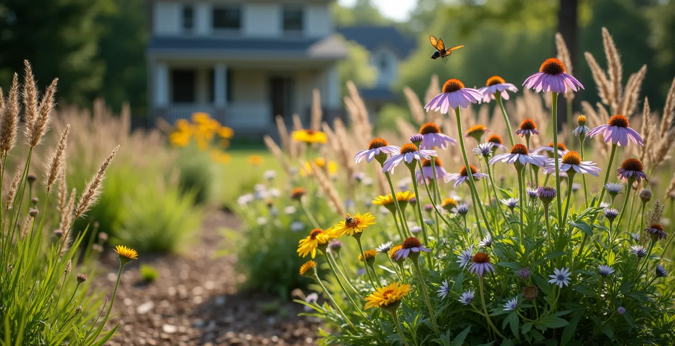 Aménagement de prairie naturaliste avec graminées indigènes et vivaces québécoises en pleine floraison