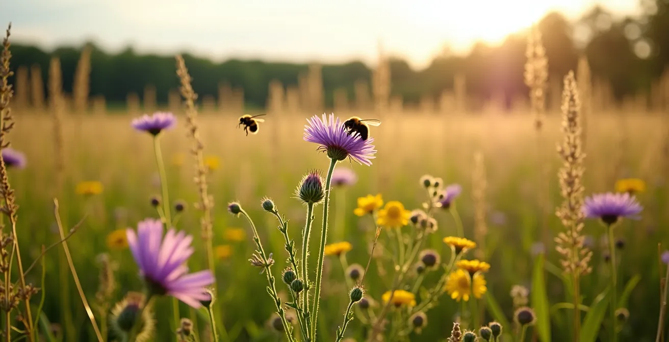 Prairie sauvage québécoise avec verge d'or et asters en fleurs, bourdons butinant dans la lumière rasante
