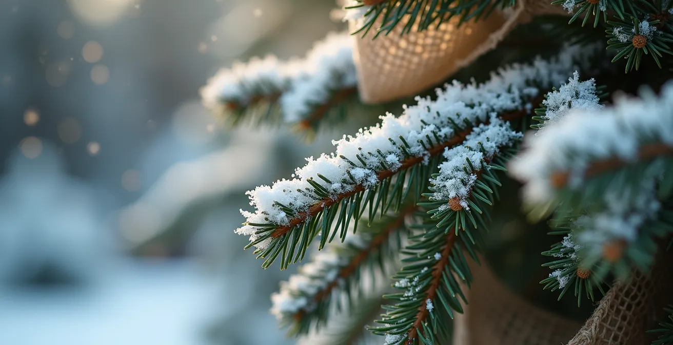 Conifère protégé par une toile de jute contre le vent et la neige au Québec