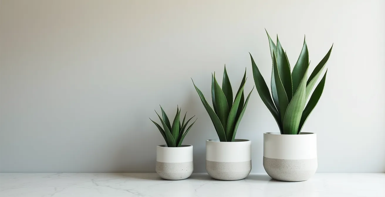 Démonstration visuelle de la règle du 1/3 - 2/3 pour le rapport pot et plante, montrant trois plantes identiques dans des pots de tailles différentes pour illustrer l'harmonie des proportions.