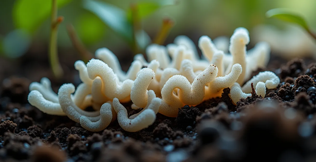 Vue macro de filaments blancs de mycélium entrelacés autour de racines fines dans un sol brun foncé