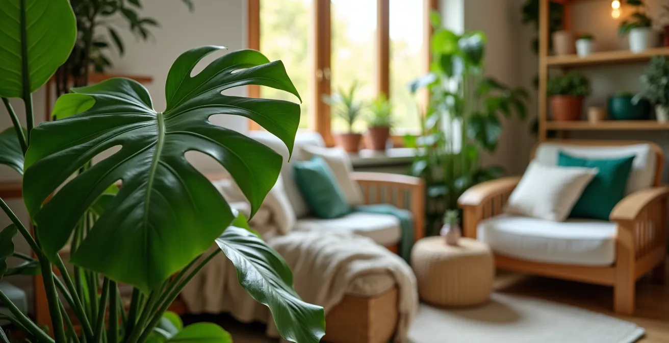 Salon lumineux transformé en jungle urbaine avec variété de plantes tropicales et décoration naturelle