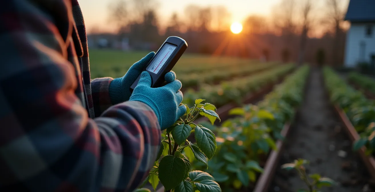 Jardin au crépuscule montrant les signes visuels d'un gel imminent avec ciel dégagé et rosée sur les feuilles