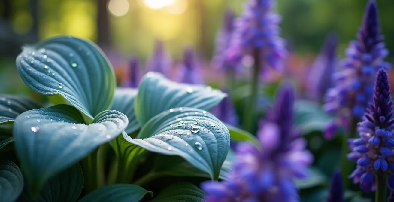 Composition de feuillages texturés variés créant un intérêt visuel en juin au jardin