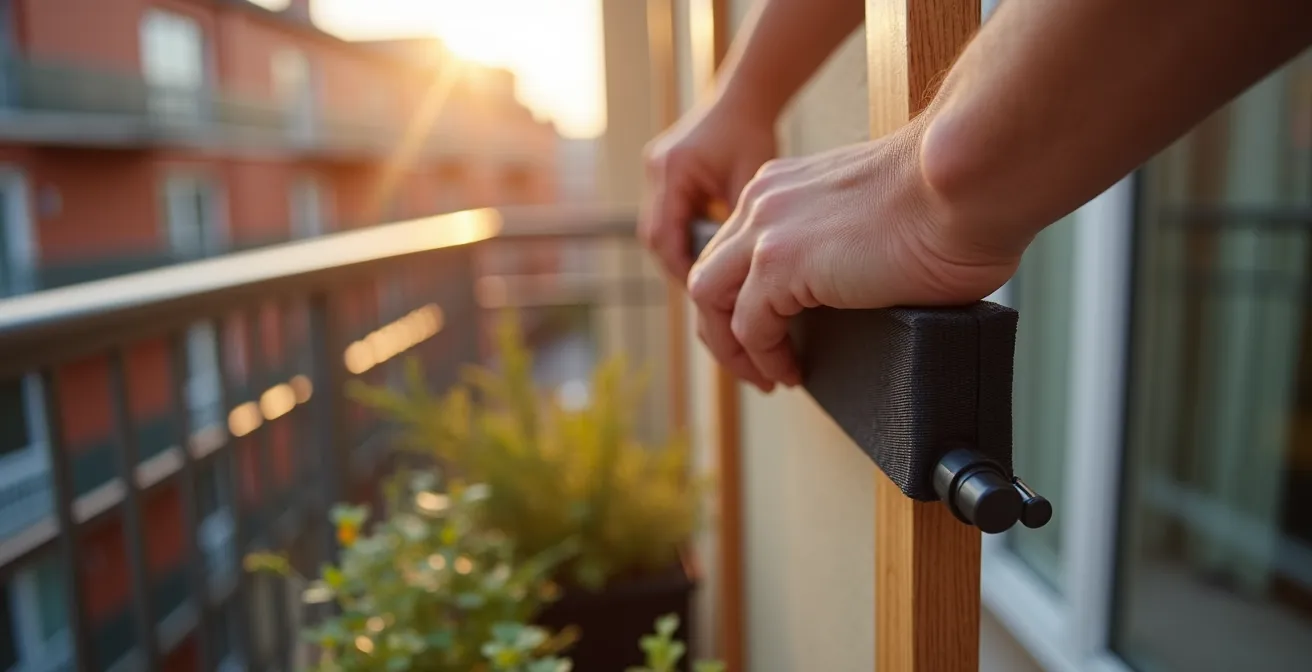 Structure autoportante en bois composite avec système de lestage intégré sur un balcon québécois